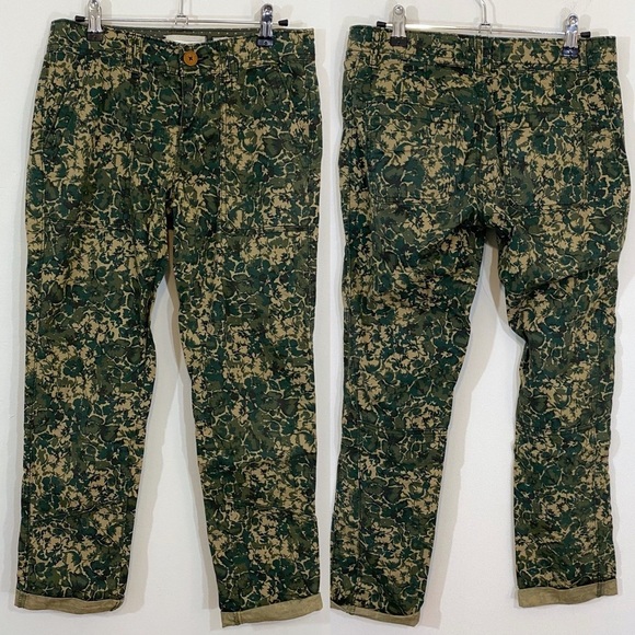 Anthro Hei Hei Sylvan Camo Floral Army Green Cargo Pants Boyfriend Slouch 26 - Picture 1 of 6
